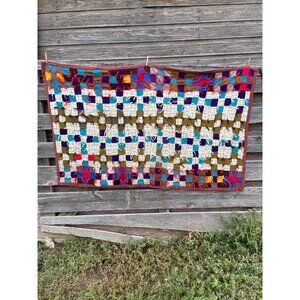 Vintage 1960s Wool Patchwork tied Quilt  73x43" Plaid Bright Colors